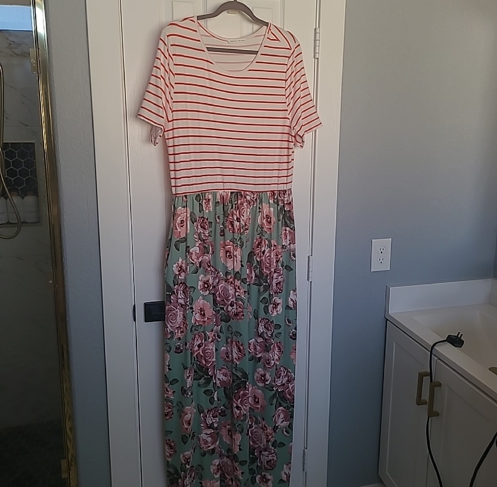 Reborn J White and Coral Striped Top with Green and Pink Floral Maxi Dress